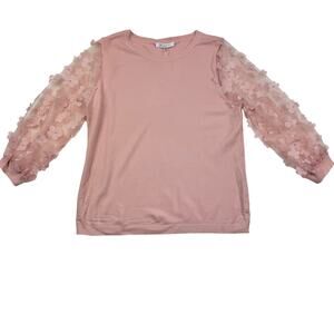 Sioni Blush Pink Lightweight Mesh Sleeve Flower Applique Sweater Women's Size L